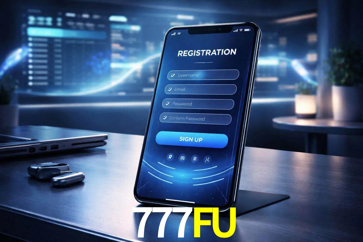 Una interfaz moderna de registro móvil para 777FU mostrada en un smartphone con un panel de apuestas elegante.
